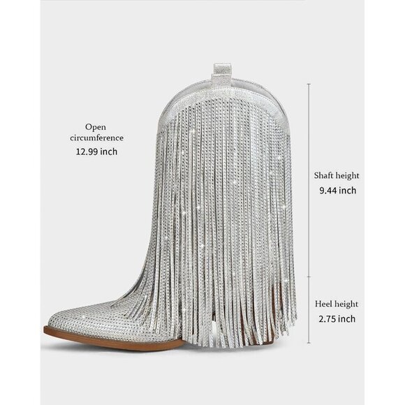 Women Cowgirl Silver Rhinestone Sparkly Fringe Chunky Pointed Toe Ankle Boots - Picture 6 of 7